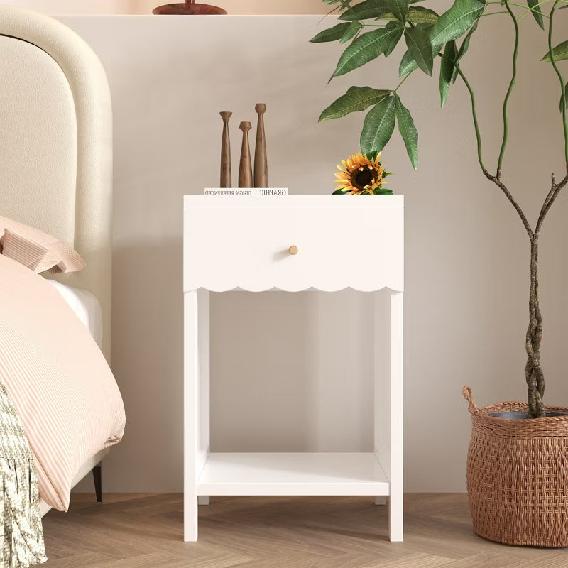 Modern White Nightstand with Scalloped Edge – 2-Tier Bedside Table with Drawer and Open Shelf, Cute Minimalist Storage for Girls' Room & Bedroom
