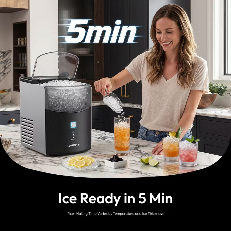 EUHOMY Nugget Ice Maker Countertop, Fast 5-Min Ice Ready, Deep Self-Cleaning System & Dual-Layer Insulation, Black