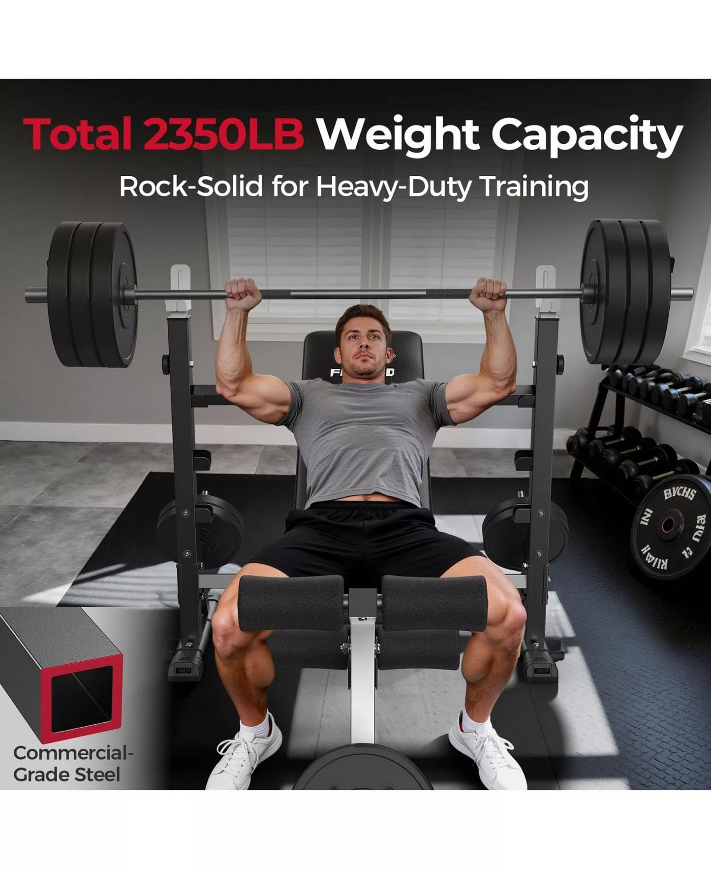 Olympic Adjustable Weight Bench, 39IN Rack Width with Bench Press Rack, Leg Extension and Leg Curl, Multi-Functional Workout Equipment