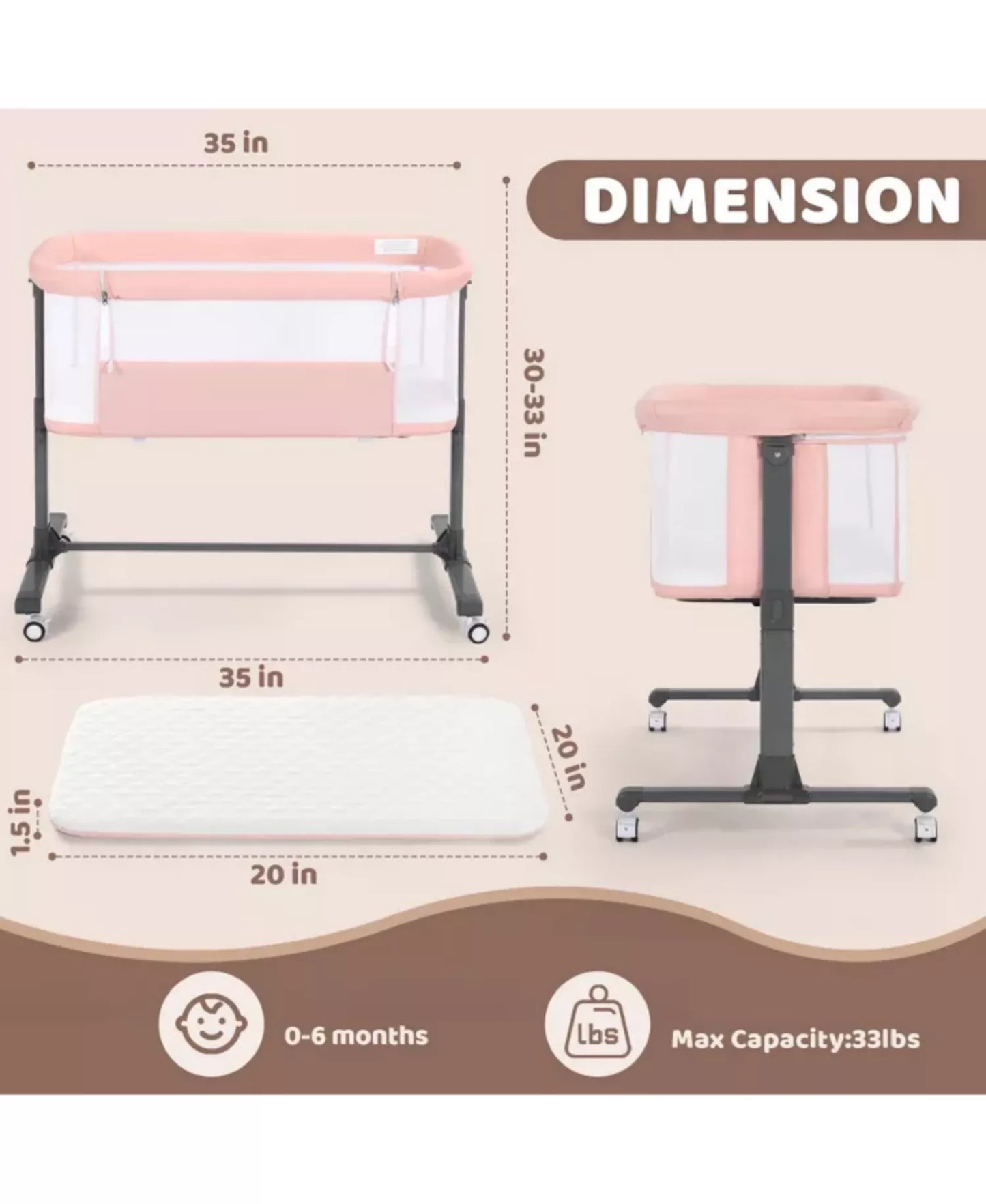 Baby Bassinet Bedside Sleeper with Wheels, Adjustable Height and Mesh Sides