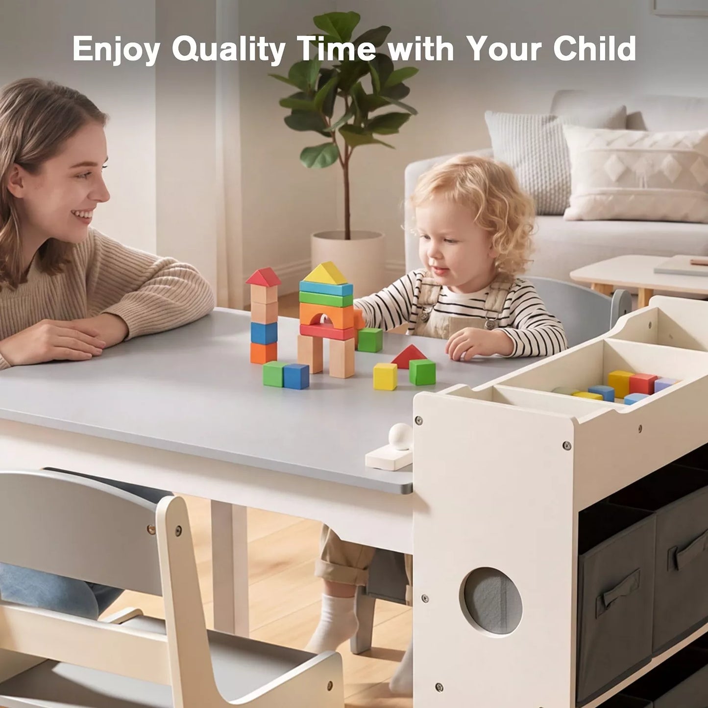 3-in-1 Kids Table and 2 Chairs Set with Storage, Removable Top and Chalkboard for Art, Crafts, and Reading