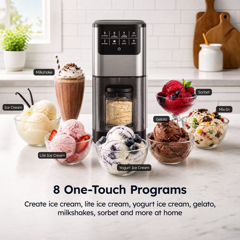 Simzlife Ice Cream Maker 1qt, 8 One-Touch Programs with Re-Spin for Gelato, Yogurt & Sorbet, 2 Tritan BPA-Free Cups, Black