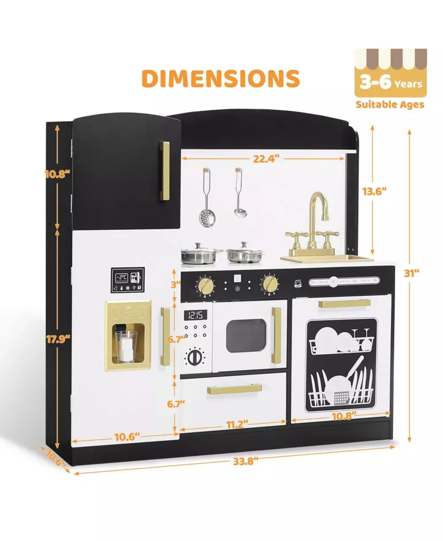 Wooden Pretend Play Kids Kitchen, Toy Kitchen Playset w/Oven, Microwave for Boys Girls Age 3+