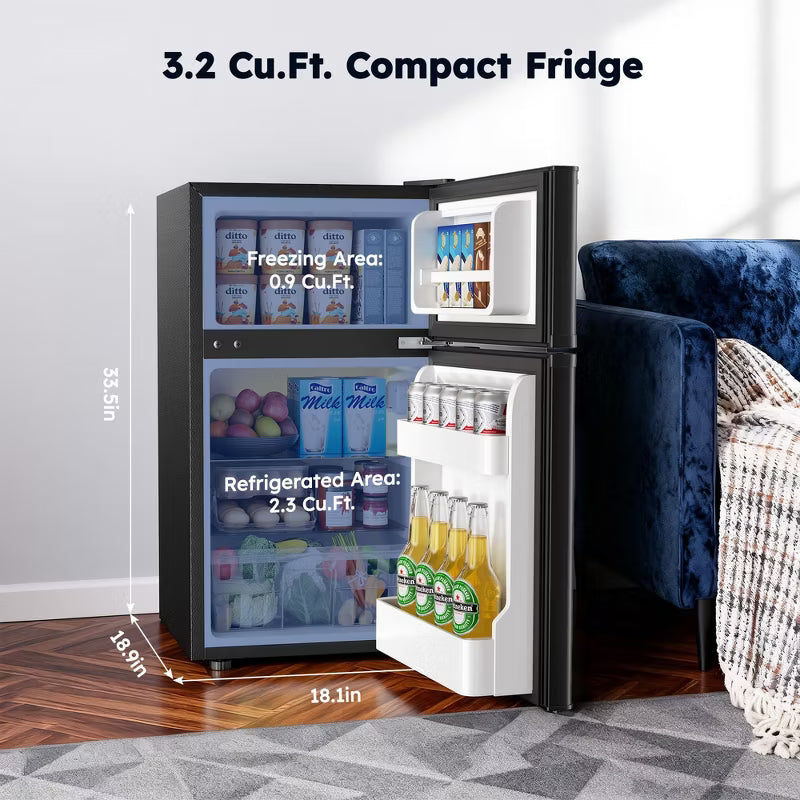 Simzlife 3.2 cu. ft. Mini Refrigerator with Freezer, Compact Dorm Fridge, Adjustable Removable Shelves, 2 Shelves, ETL Certified, Black