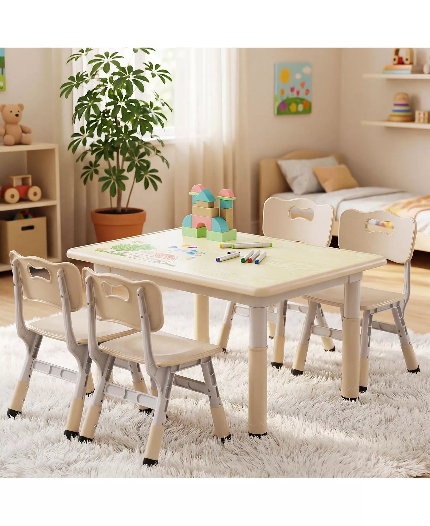 Kids Height-Adjustable Table and 4 Chairs Set with 31.5''W Easy-Clean Top