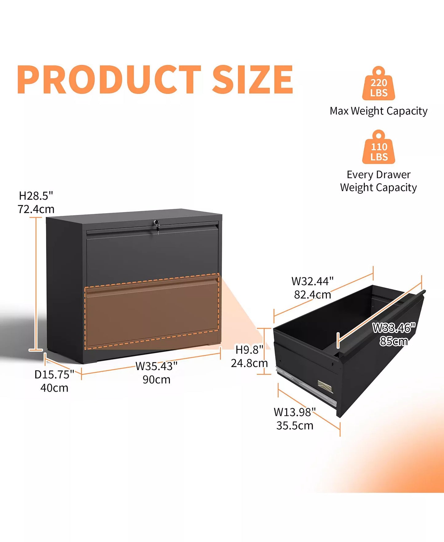 35" Lateral File Cabinet - 2 Drawer Metal Locking Storage for Legal and Letter Files