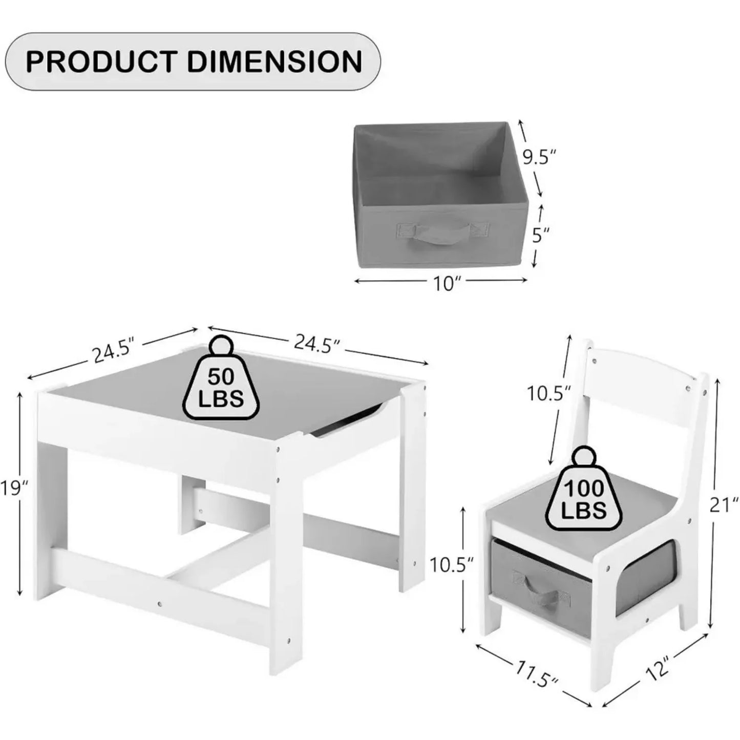 3-in-1 Kids Table with 2 Chairs, Storage and Removable Chalkboard Top