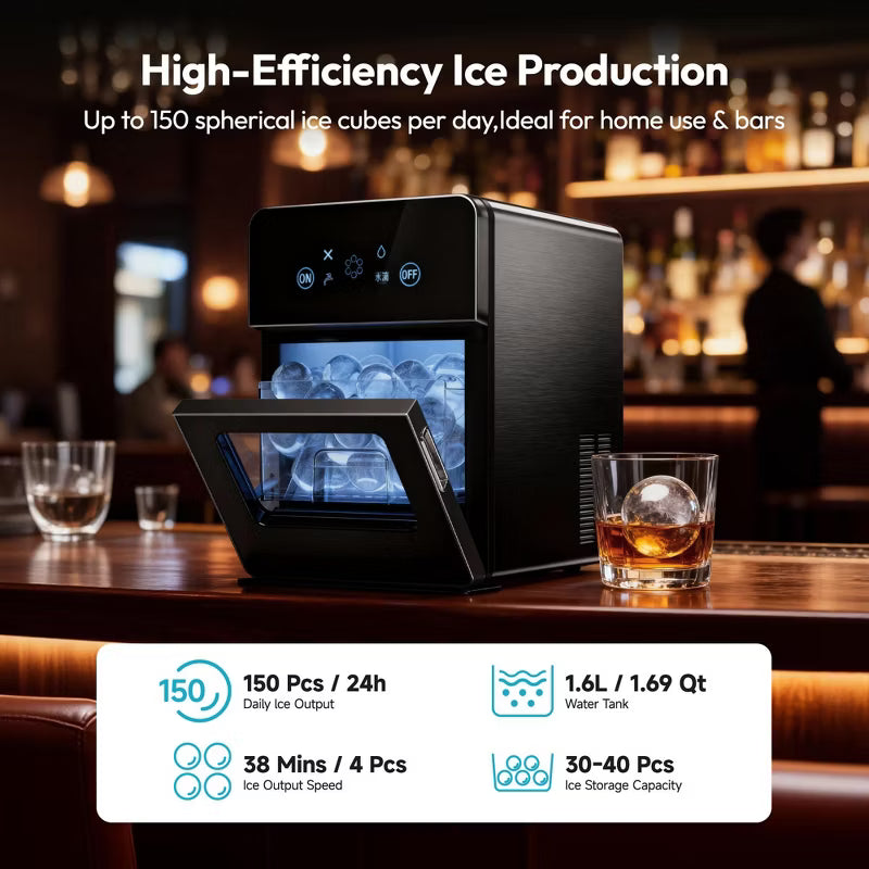 EUHOMY Clear Ice Ball Maker Countertop, 4 pcs in 38 Mins, 150 pcs/Day, Sphere Ice Maker Machine, Self-Cleaning, for Whiskey & Bourbon, Black