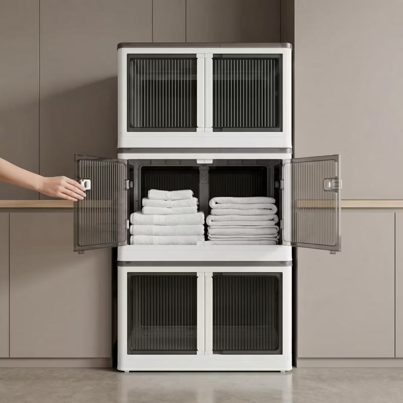 4 Tier Stackable Storage Cabinet with Doors & Wheels, Foldable Organizer for Bedroom, Living Room & Closet, White