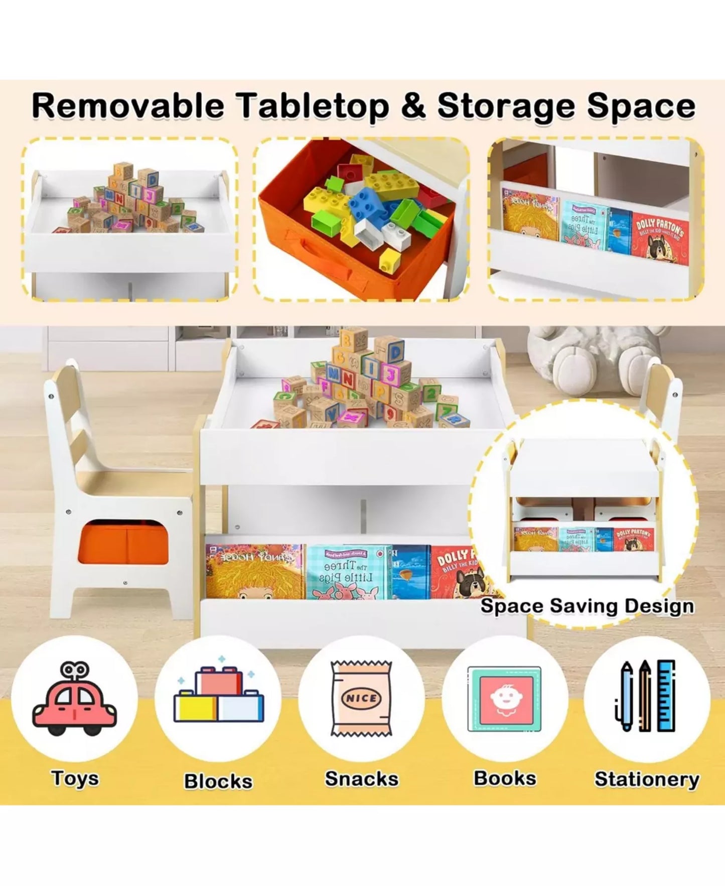 3-in-1 Kids Activity Table and 2 Chairs Set with Storage, Removable Top and Chalkboard