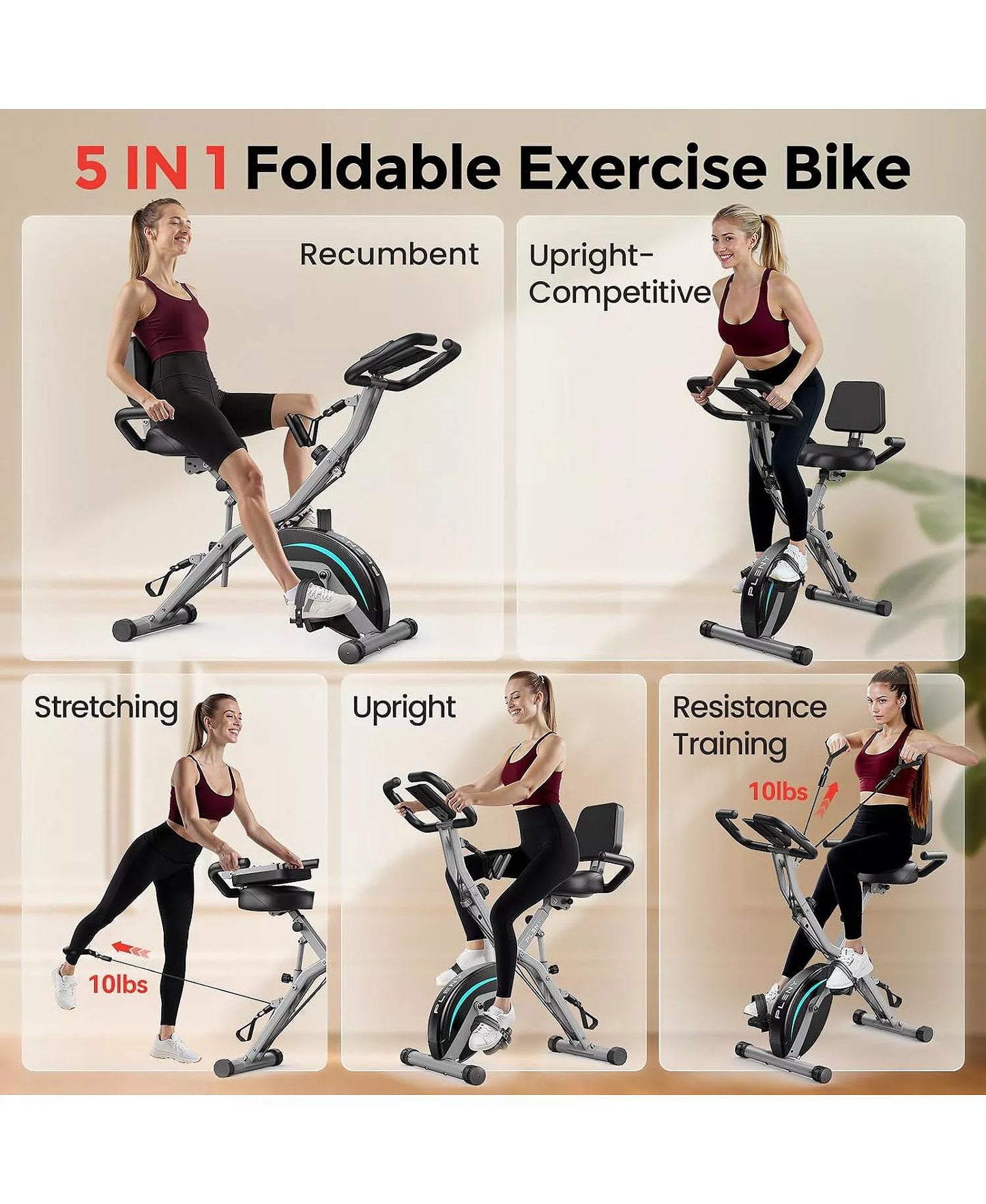 5-in-1 Magnetic Folding Exercise X-Bike, 6.6LB Flywheel, 330LB Weight Capacity, Back Support Cushion, LCD Monitor and Resistance Bands