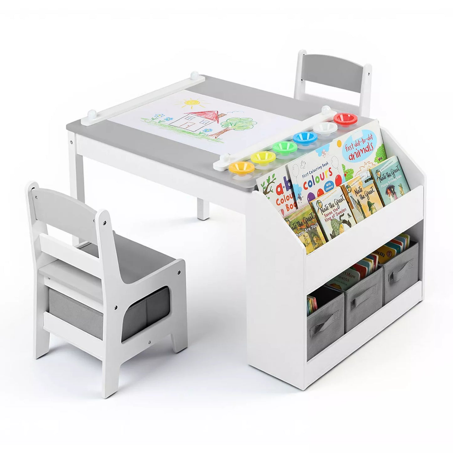 3-in-1 Kids Table and Chair Set with Paper Roll Holder and Storage for Art, Crafts, and Reading