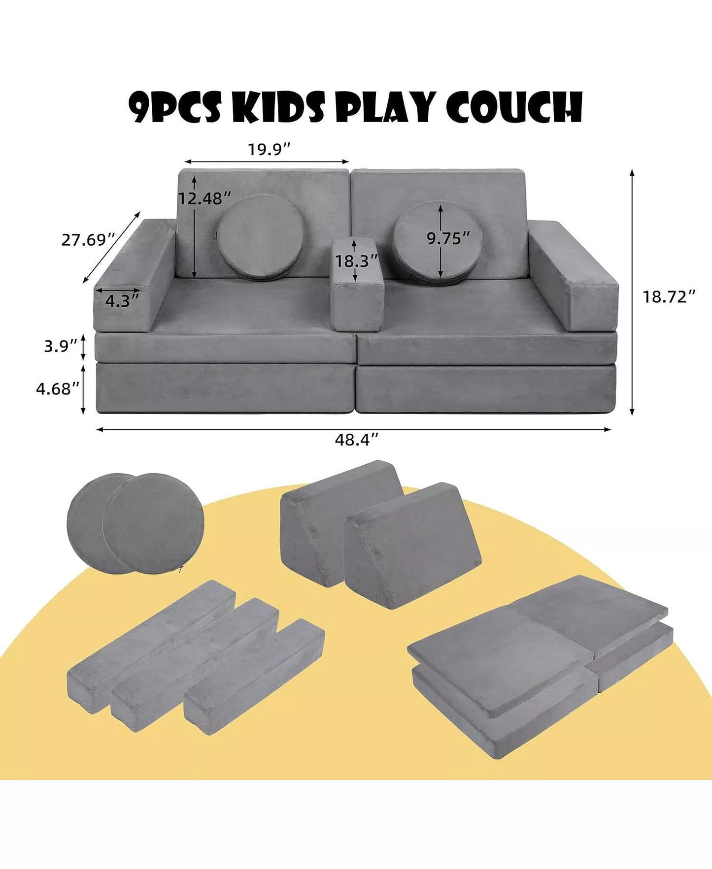 9-Piece Kids Modular Play Sofa, Convertible Foam Couch for Playroom, Grey