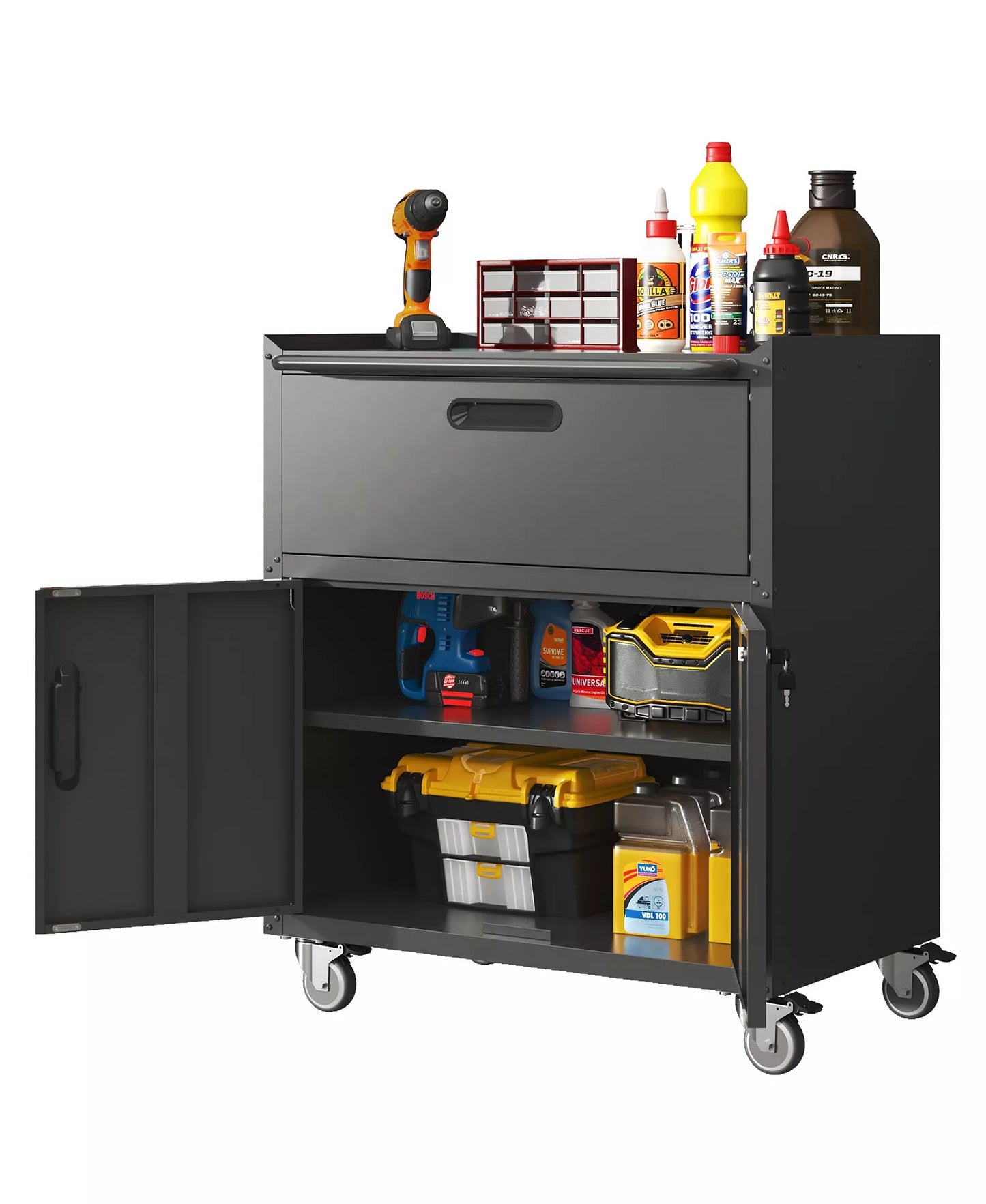 35"H Rolling Metal Tool Cabinet - Mobile Storage Chest with Drawer and Locking Doors