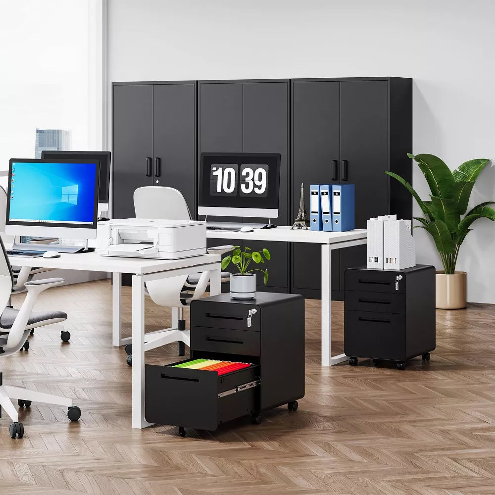 Mlezan Mobile 3-Drawer Filing Cabinet: Lockable, Under-Desk Design with Wheels. Fits A4/Letter/Legal Hanging Files, Ideal for Home Office Storage.