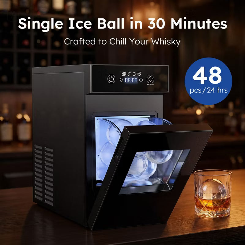 Simzlife 2.4in Sphere Ice Maker Countertop, 48pcs/24H Crystal Ice Ball Maker Machine with Deep Self-Cleaning System，Black