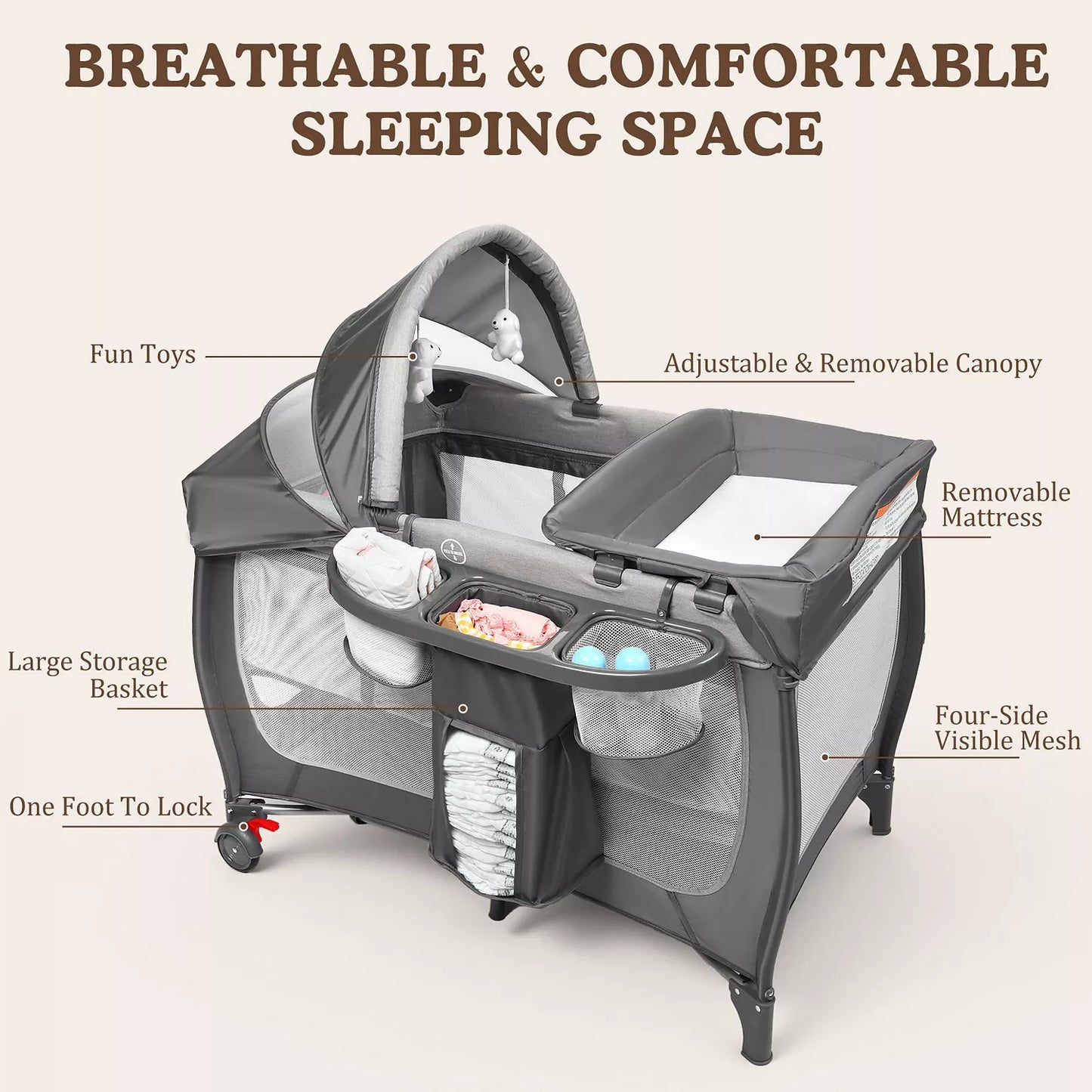 4-in-1 Portable Baby Playard with Bassinet, Changing Table and Canopy