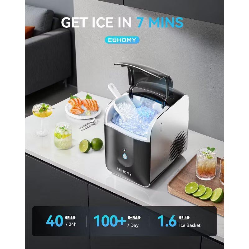 EUHOMY Smart Nugget Ice Maker Countertop, 40 Lbs/Day, APP Remote Control & LED Indicator, Self-Cleaning, Compact Design with Scoop, Black