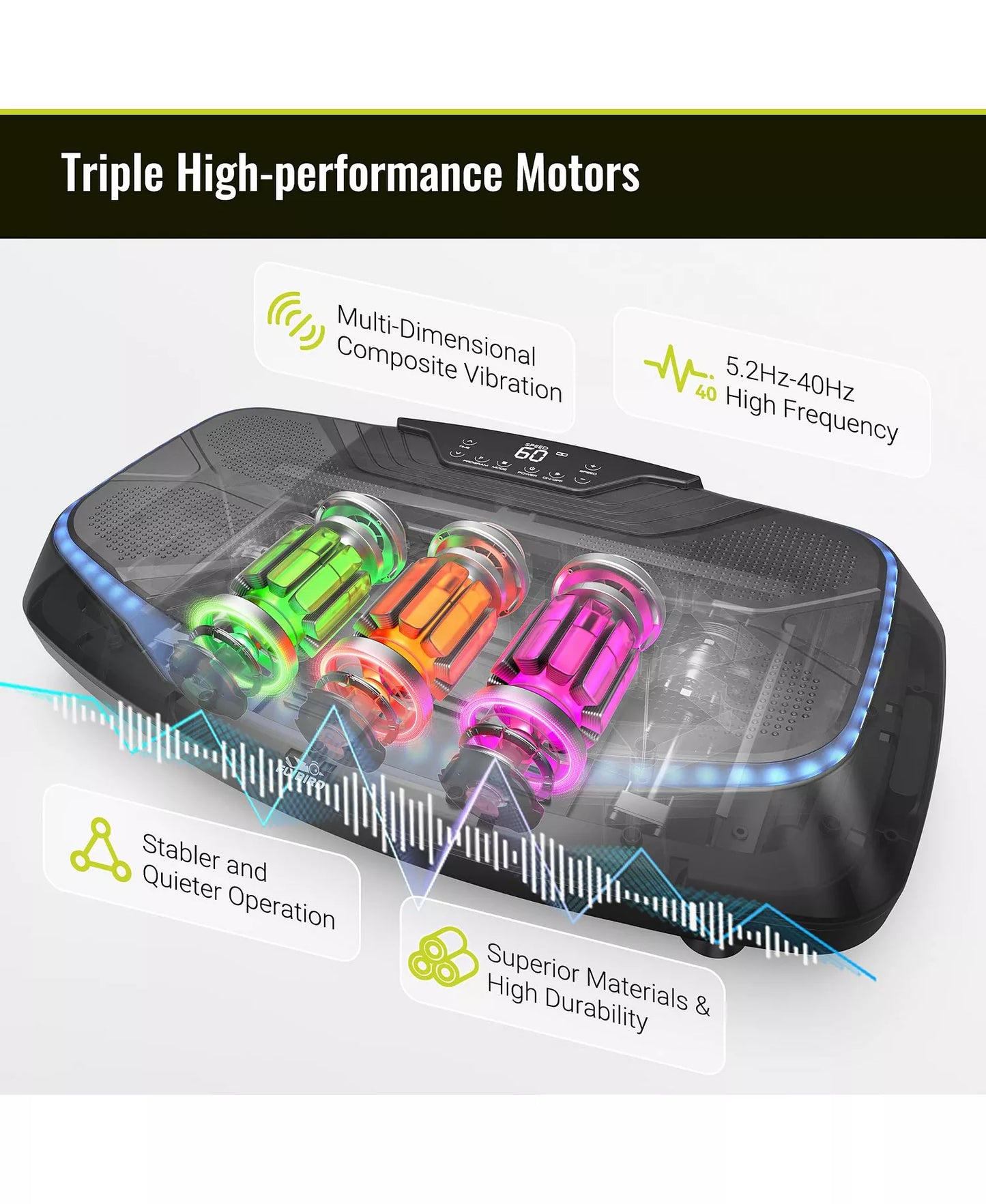 Triple Drive 4D Vibration Plate, 500 LBS Ultra Quiet Full Body Vibration Exercise Machine with Large Pedal, Bluetooth Speaker