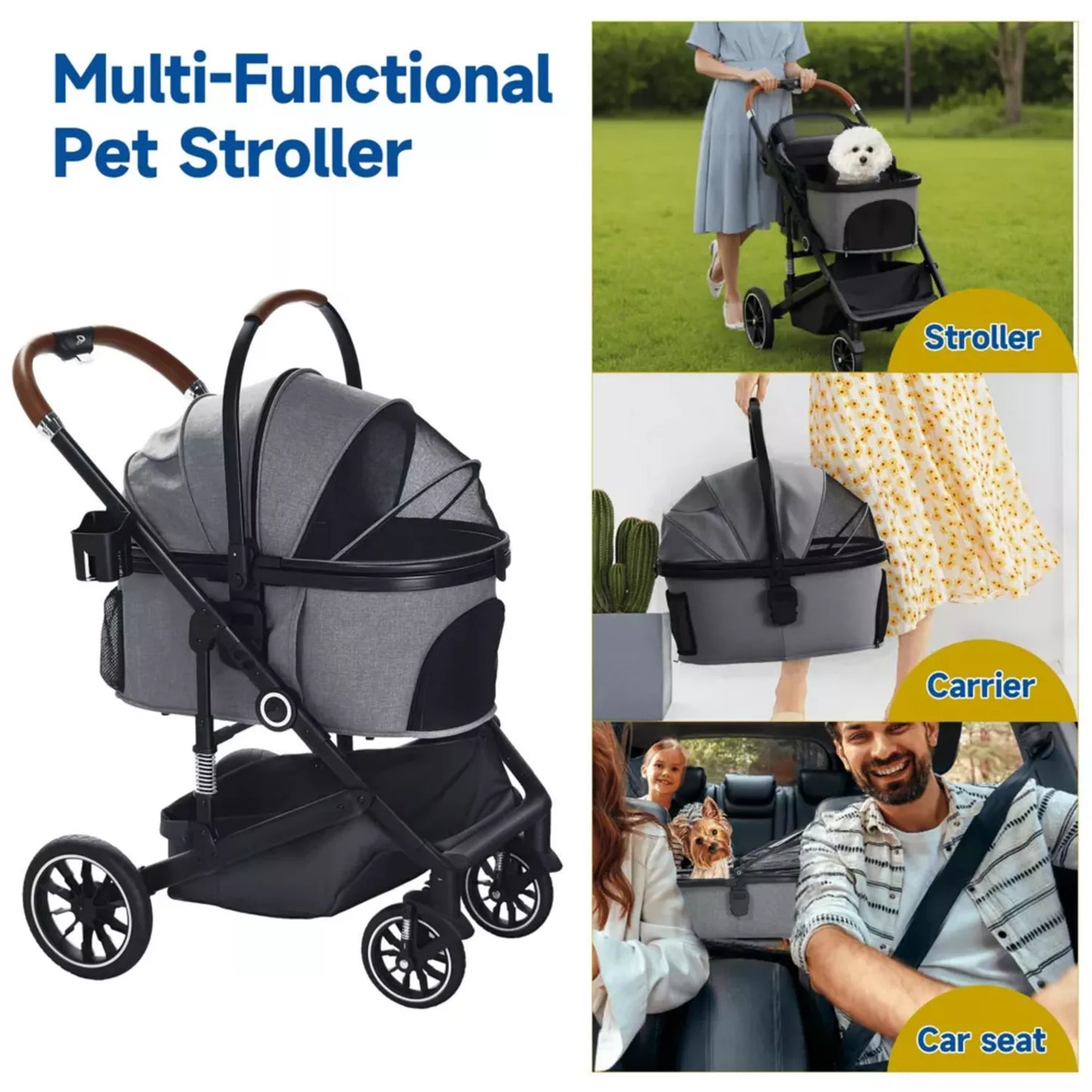 3-in-1 Folding Pet Stroller with Detachable Carrier for Small to Medium Dog and Cat up to 50 lbs, Pet Stroller with Storage Basket, Blue