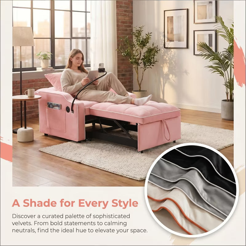3-in-1 Convertible Sleeper Single Sofa Bed Accent chair with Adjustable Recliner Backrest, Phone Holder & USB/Type-C Ports for Living Room&Bedroom