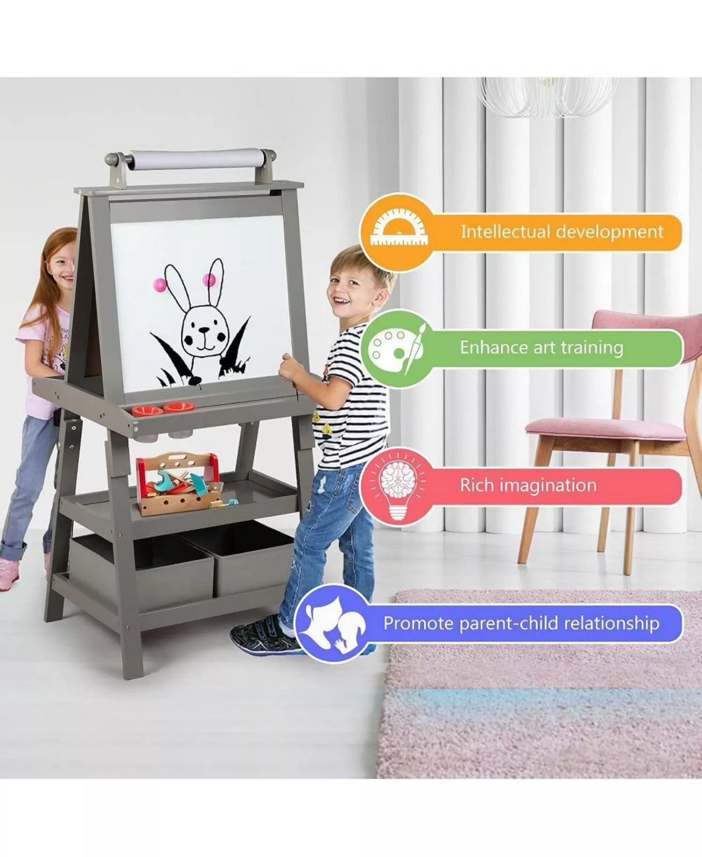 Art Easel for Kids, 3 in 1 Toddler Easel w/Whiteboard, Chalkboard and Paper Roll