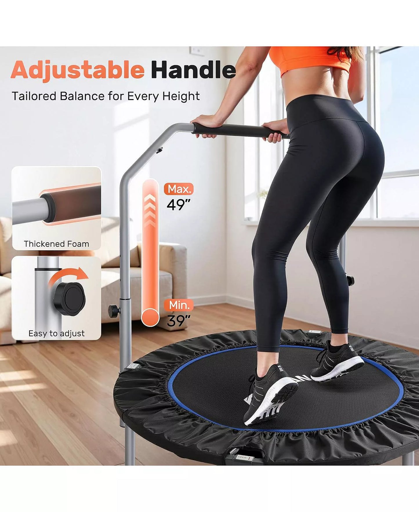 SP2 48 Inch Foldable Rebounder Mini Trampoline for Adults, 440LBS with Adjustable Padded Handle for Indoor/Outdoor Training