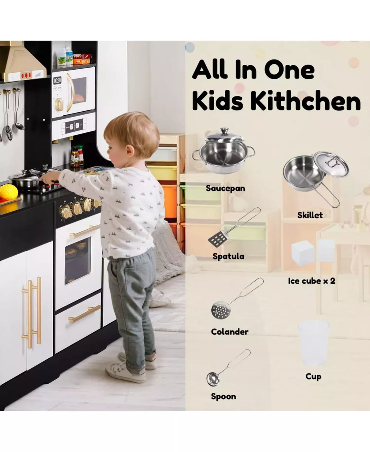 Wooden Play Kitchen Set with Coffee Machine, Sink, Ice Maker and Kitchen Hood