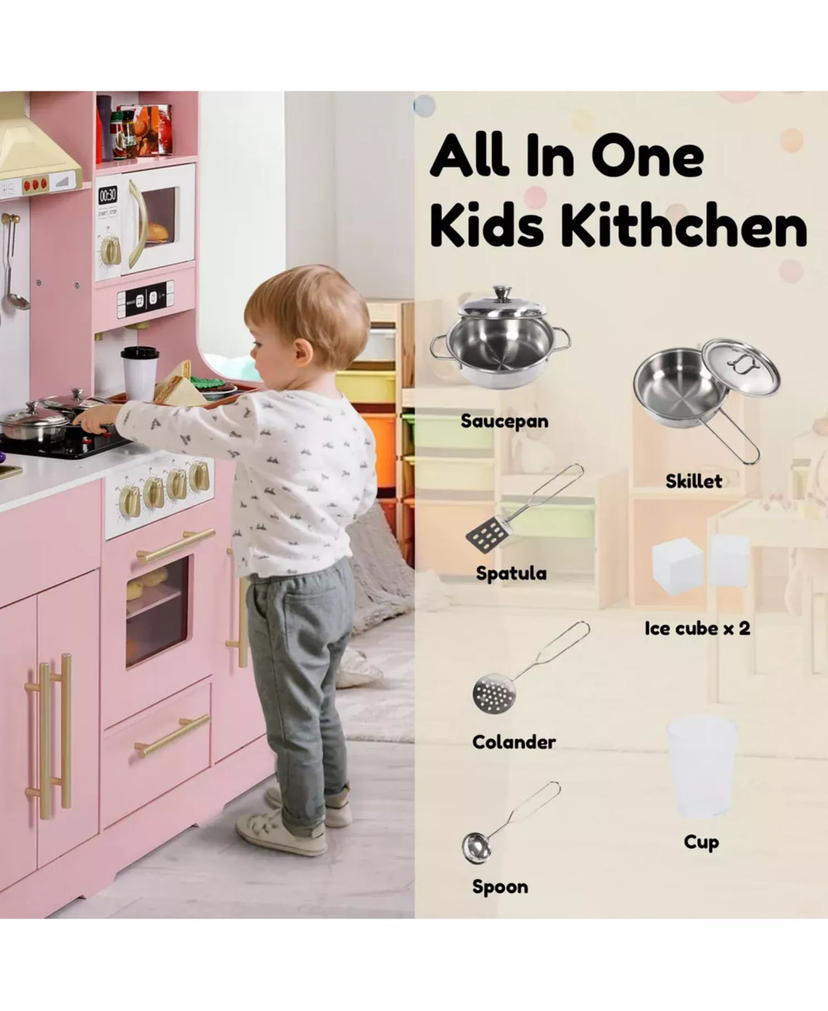 Wooden Play Kitchen Set with Coffee Machine, Sink, Ice Maker and Kitchen Hood