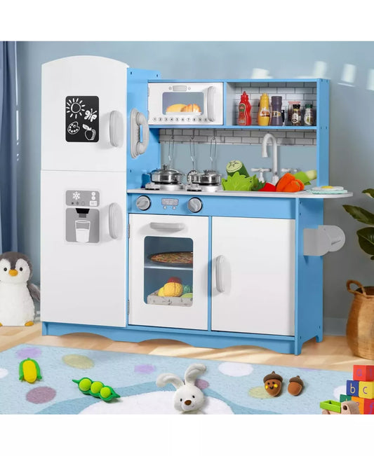Wooden Kids Play Kitchen, Toy Kitchen Playset, w/Oven, Microwave, for Boys Girls Age 3+