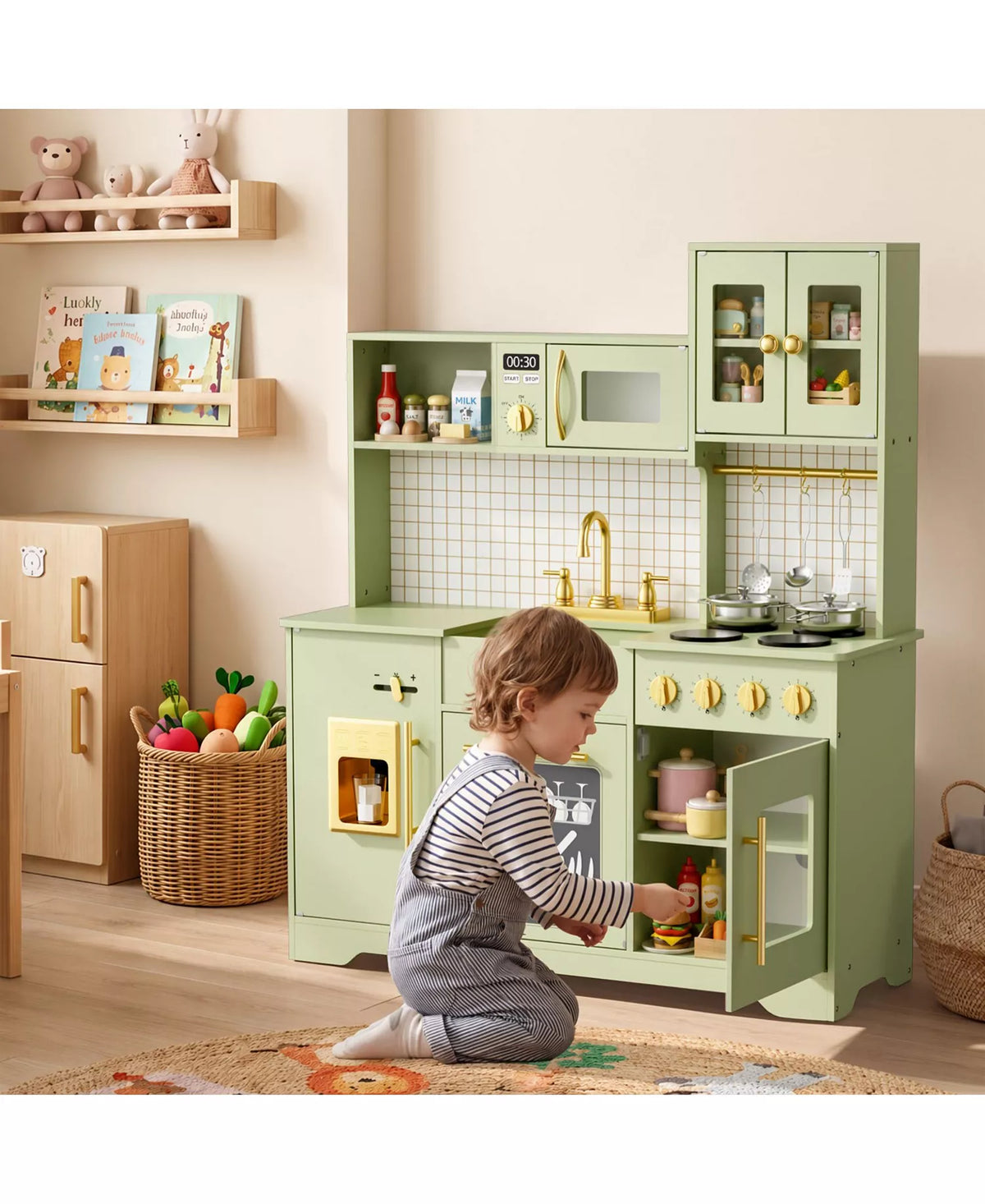 Kids Play Kitchen, Wooden Toy Kitchen Playset for Toddler, Pretend Oven, Microwave, Kitchen Sets for Age 3+