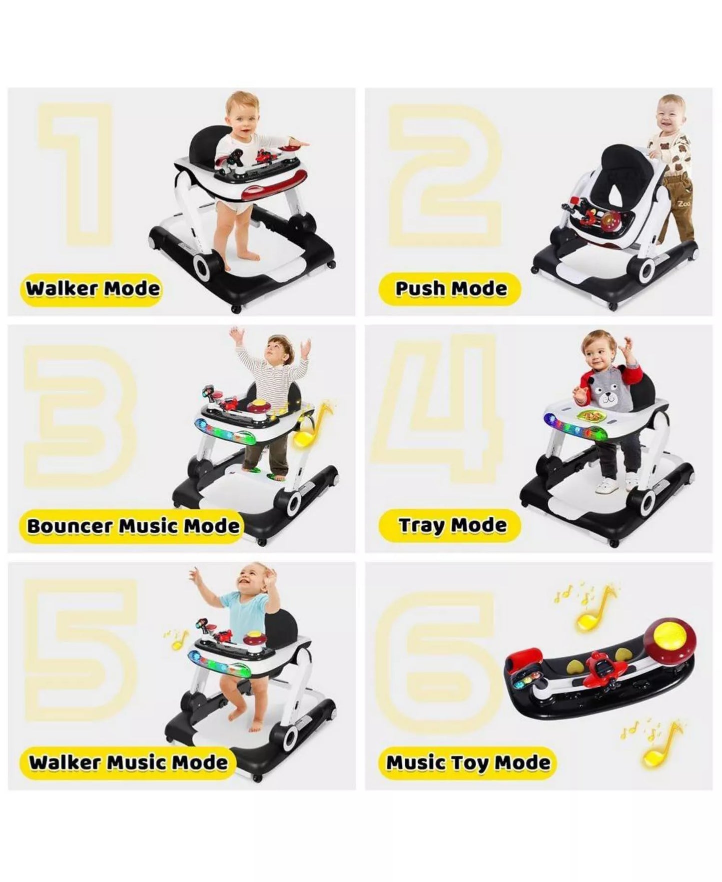 5-in-1 Baby Activity Walker with Music and Lights, Adjustable Height and Safety Bumper