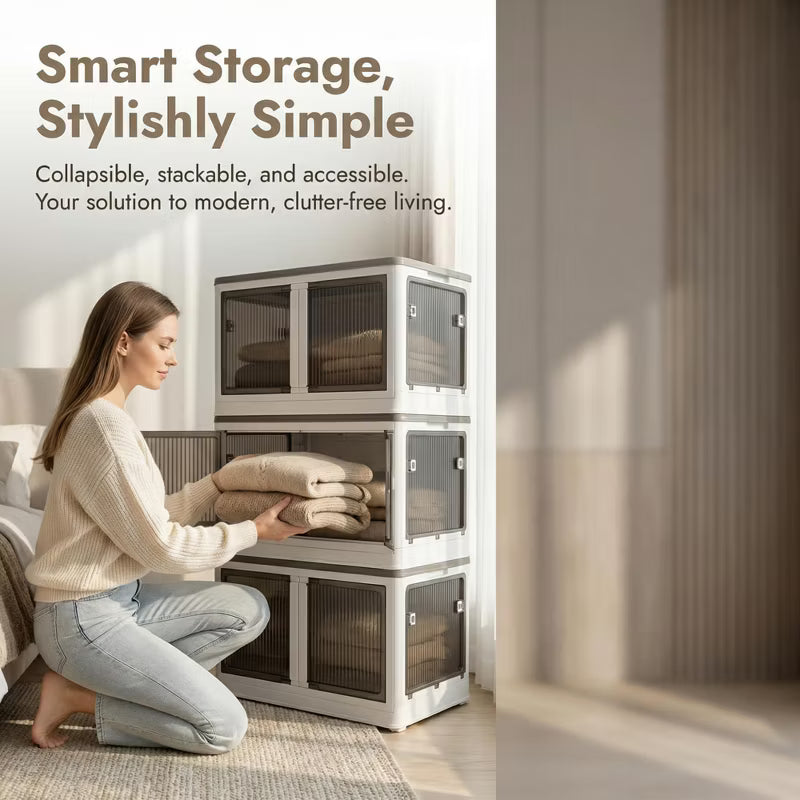 4 Tier Stackable Storage Cabinet with Doors & Wheels, Foldable Organizer for Bedroom, Living Room & Closet, White
