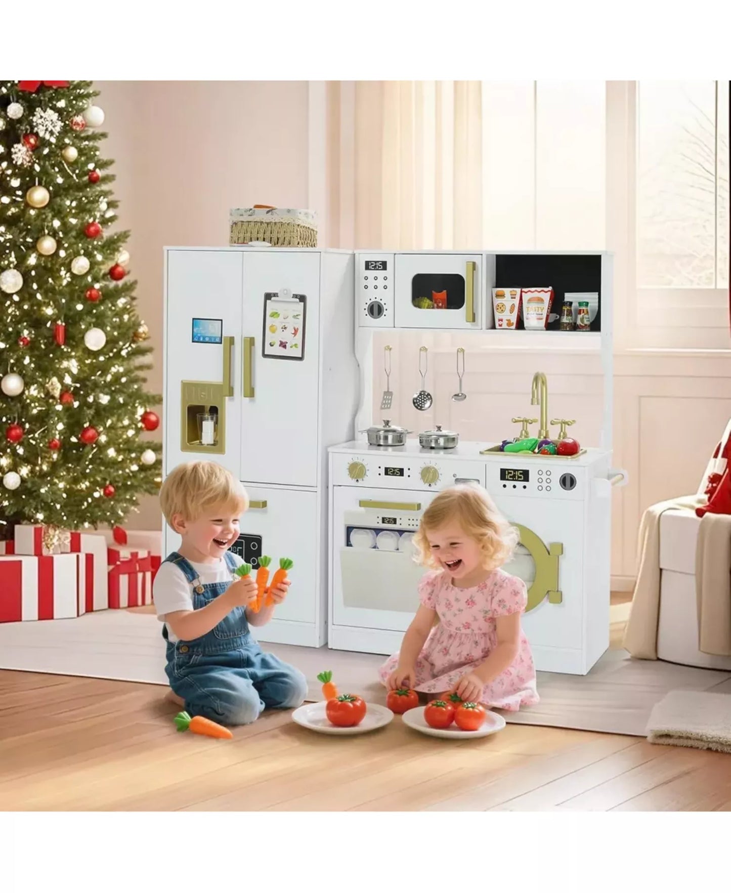 Pretend Play Kitchen Wooden Toy Set for Kids with Sounds, Utensils, Oven & Microwave, Gift for Age 3+