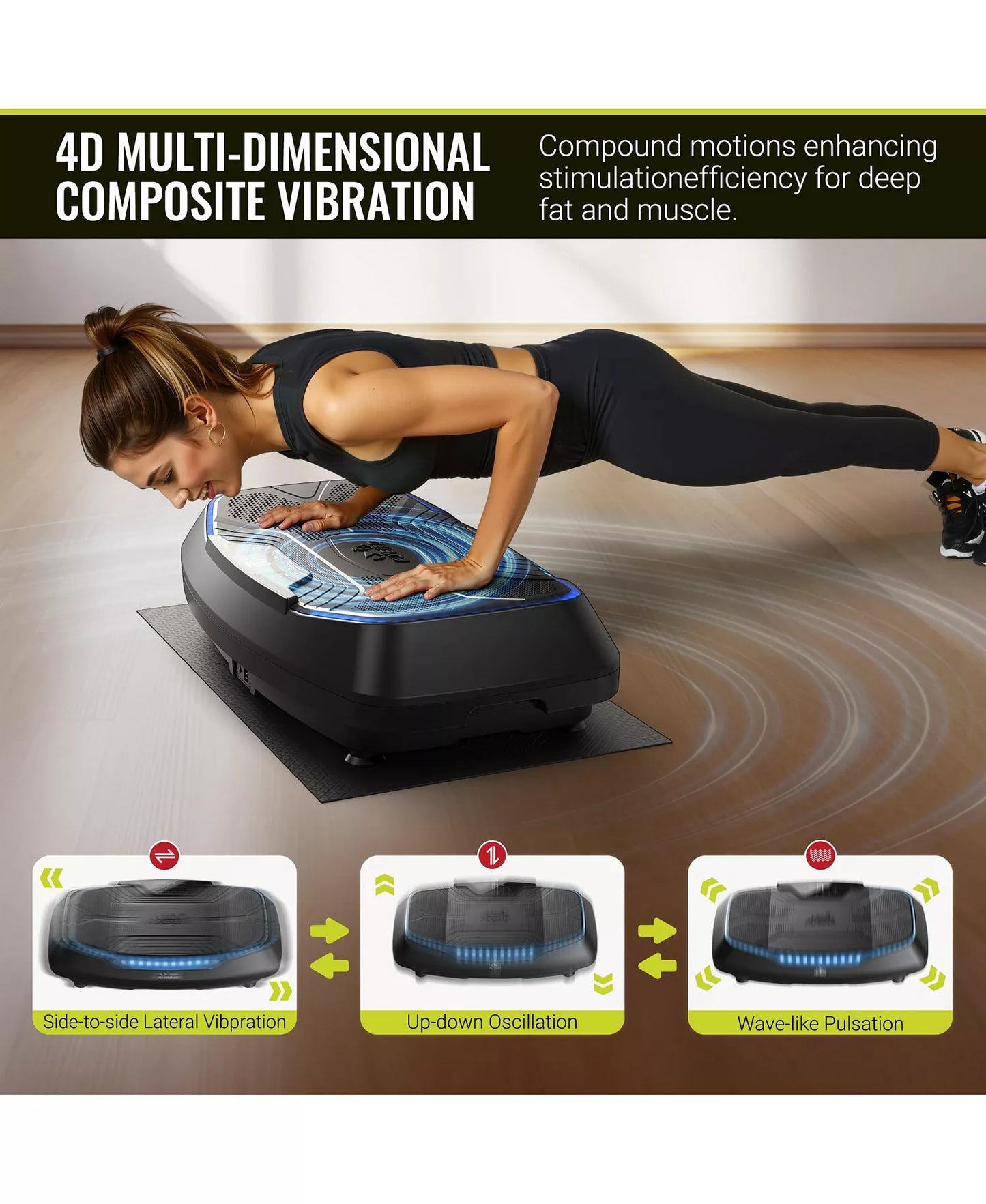 Triple Drive 4D Vibration Plate, 500 LBS Ultra Quiet Full Body Vibration Exercise Machine with Large Pedal, Bluetooth Speaker