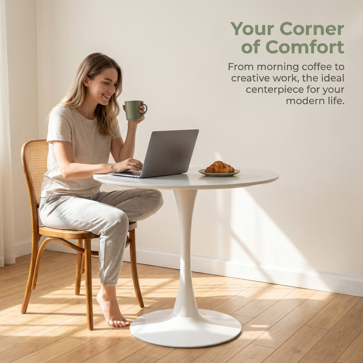 24 Inch Round Tulip Dining Table, Modern White Pedestal Table for Small Spaces and Apartment Living