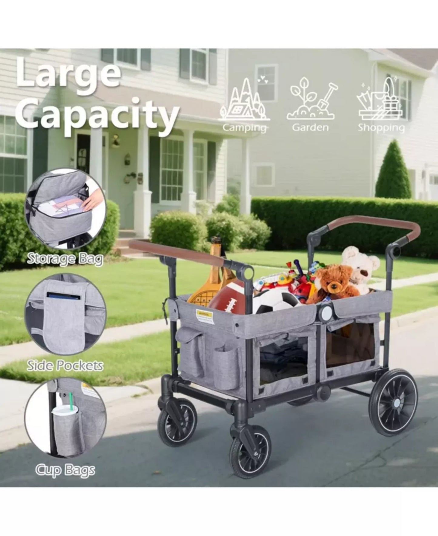 Wagon Stroller for Two Kids with Adjustable Handle, All-Terrain Wheels, Tray and Storage.