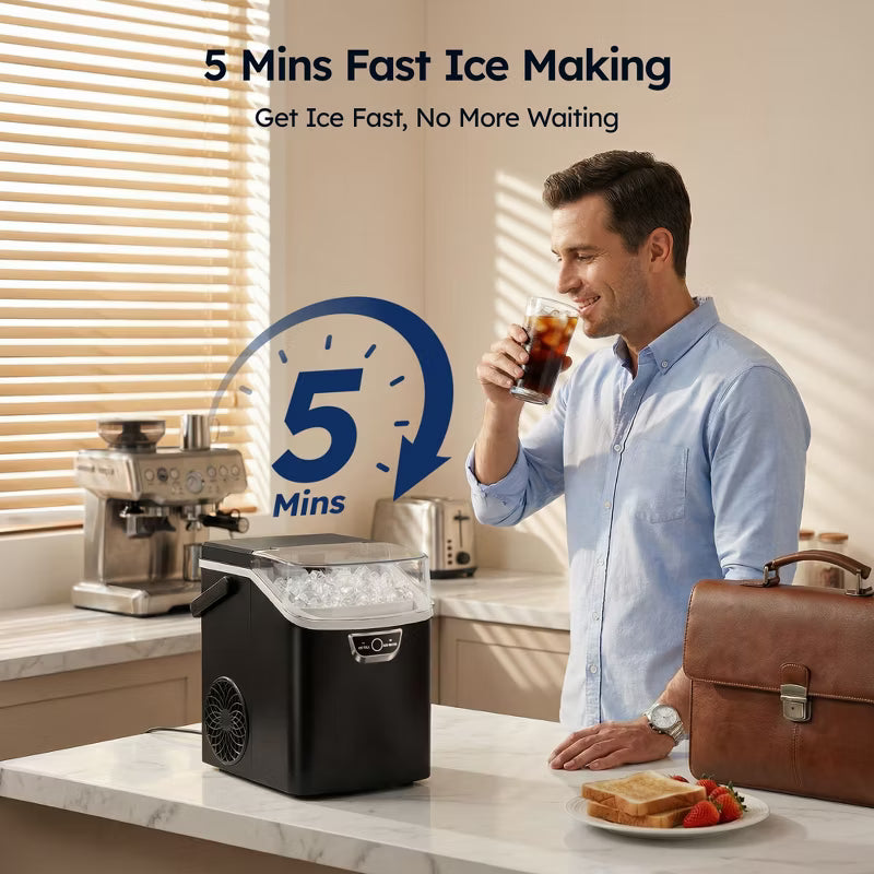 Simzlife 33 Lbs. Nugget Ice Maker Countertop , 5mins Fast Ice Making, Quiet Operation & Self-Cleaning, Black