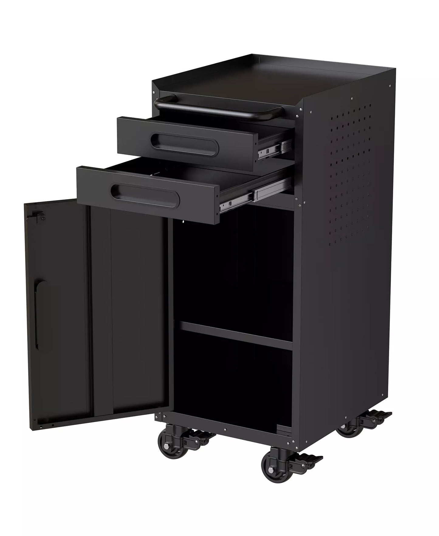 34" Slim Rolling Tool Cabinet - Space-Saving Narrow Storage with Lockable Door and 2 Drawers