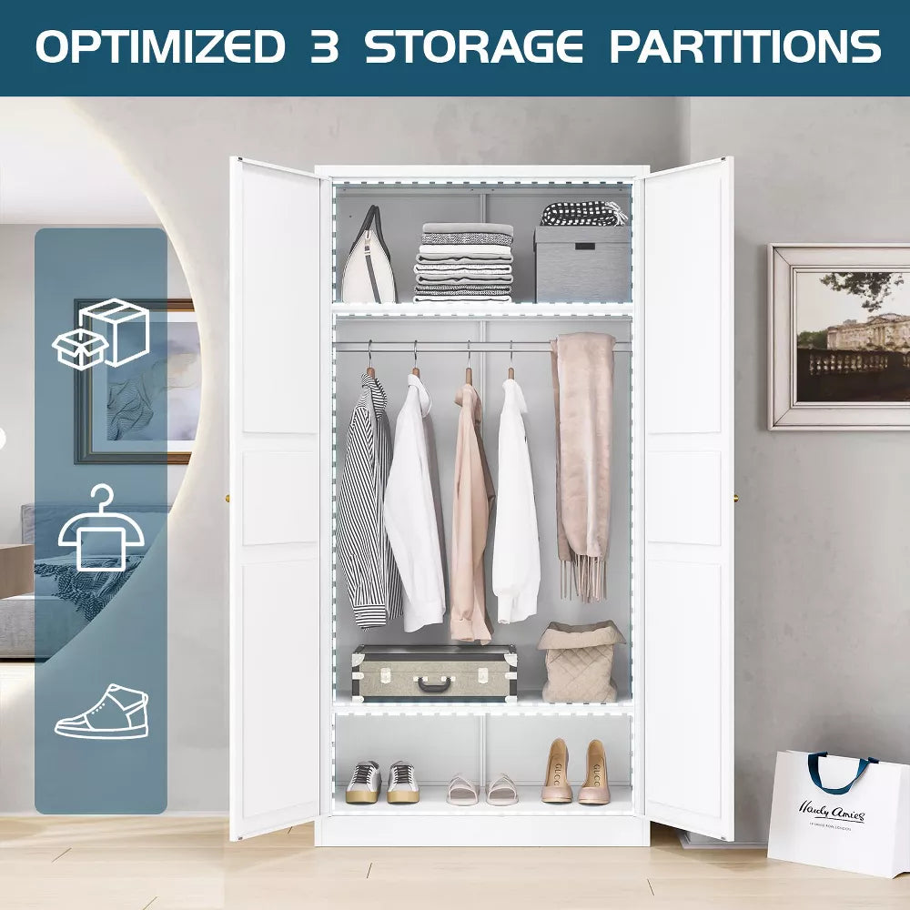 Mlezan 72" Wardrobe: 2 Doors, Hanging Rod, Metal Cabinet for Bedroom, Laundry, or Office. Perfect for Clothing Storage and Organization.