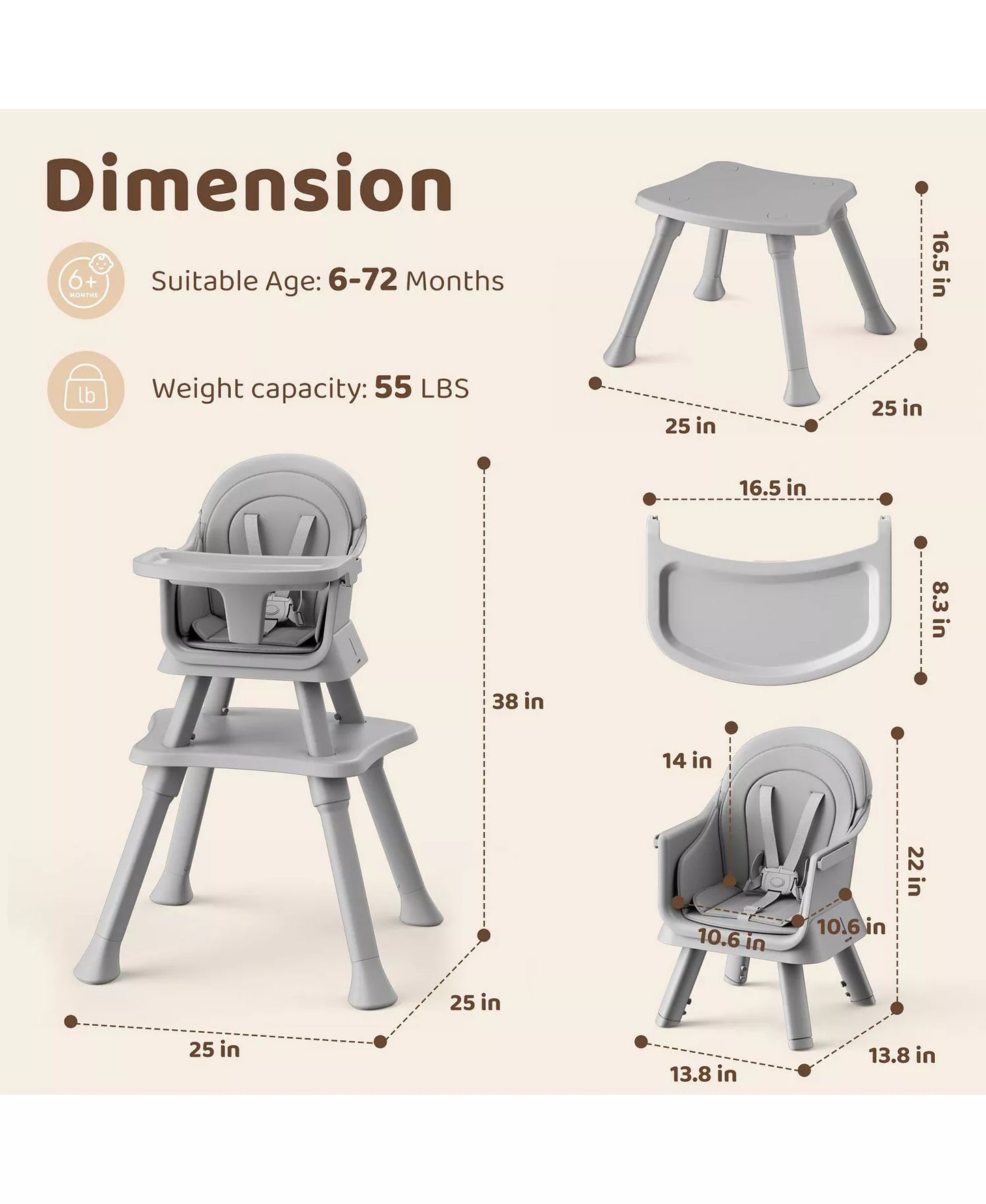 8-in-1 Baby High Chair Converts to Booster Seat and Kids Table Set with Removable Tray