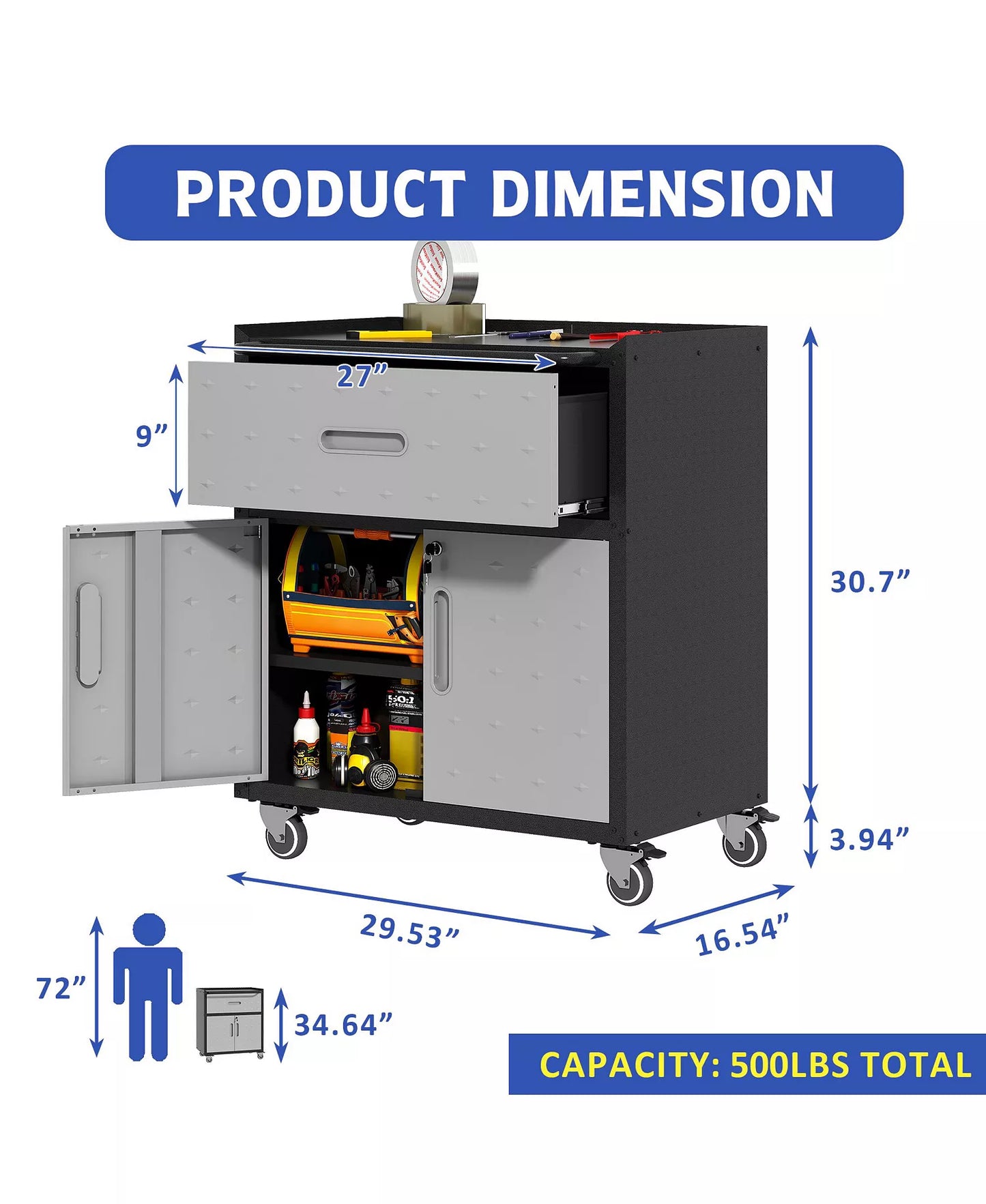 35"H Rolling Metal Tool Cabinet - Mobile Storage Chest with Drawer and Locking Doors