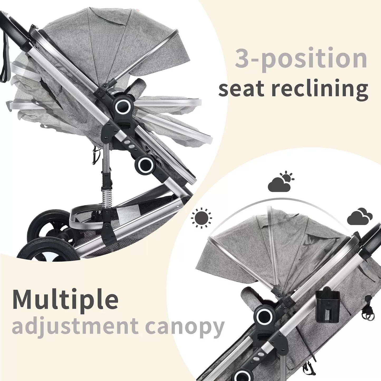 Cozi 2 Convertible Baby Stroller, Folding High Landscape Design with Adjustable Canopy and Diaper Bag