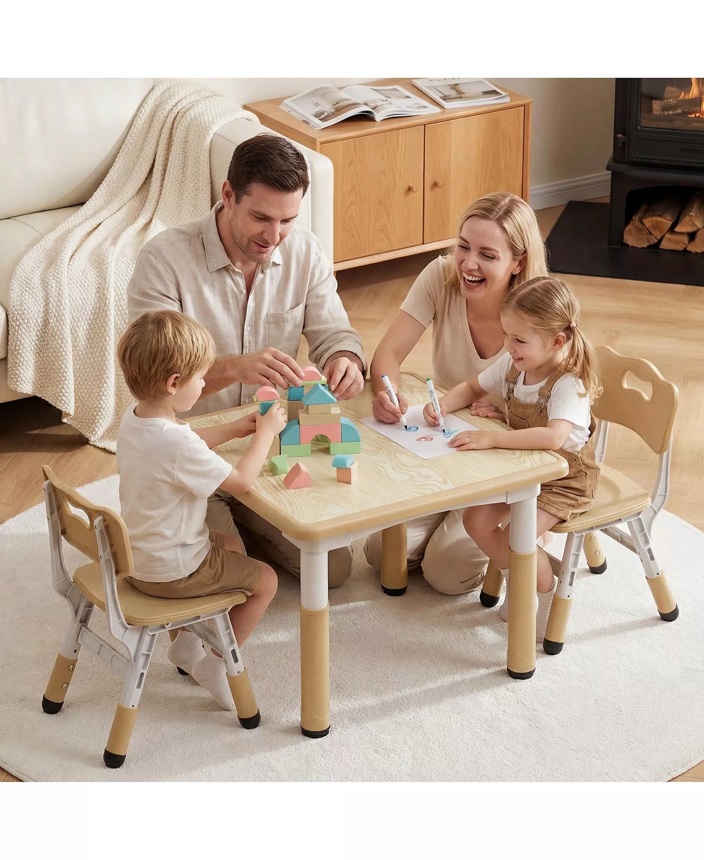 Kids Height-Adjustable Table and 2 Chairs Set with 31.5''W Easy-Clean Top