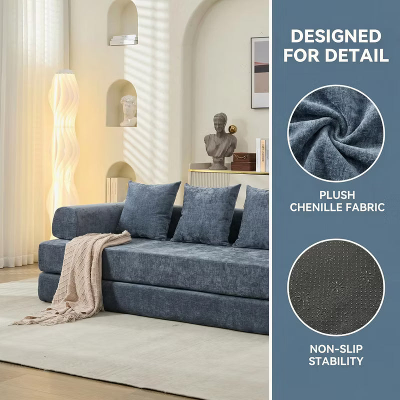 Comfy Convertible Folding Mattress Couch – Blue Modular Chenille Floor Sofa Bed for Living Room, Bedroom, Studio