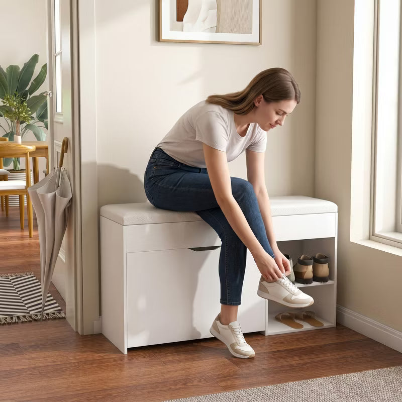 Entryway Shoe Storage Bench with Cushion, Flip-Top Hidden Storage & 3-Tier Organizer Cabinet for Hallway, Living Room, White