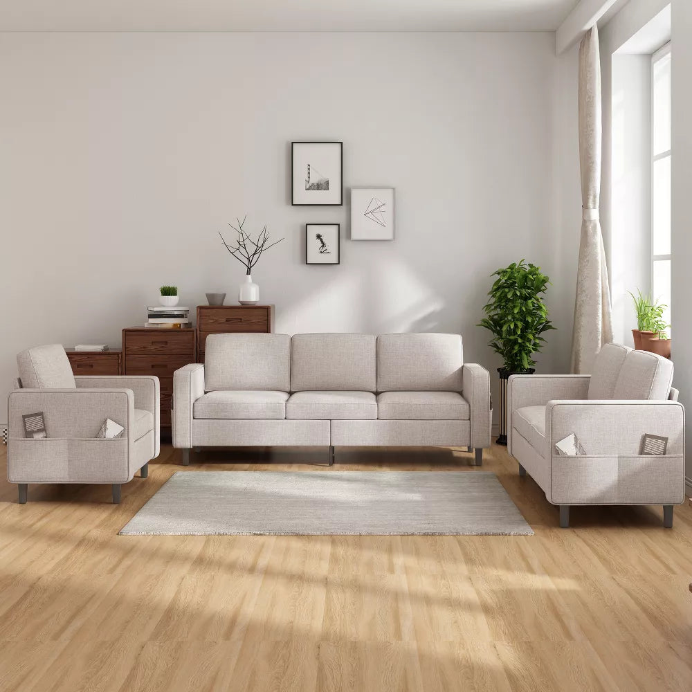 Mjkone 78" Linen Sectional Couches Set , L-Shaped Sofa with Storage Ottoman and Loveset Sofa and Armchair