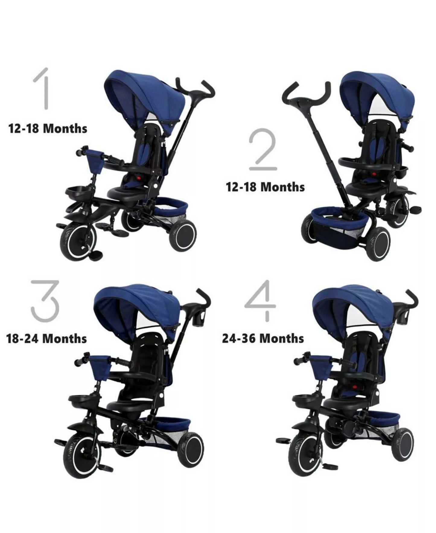 8-in-1 Kids Tricycle with Adjustable Push Handle, Canopy and Storage