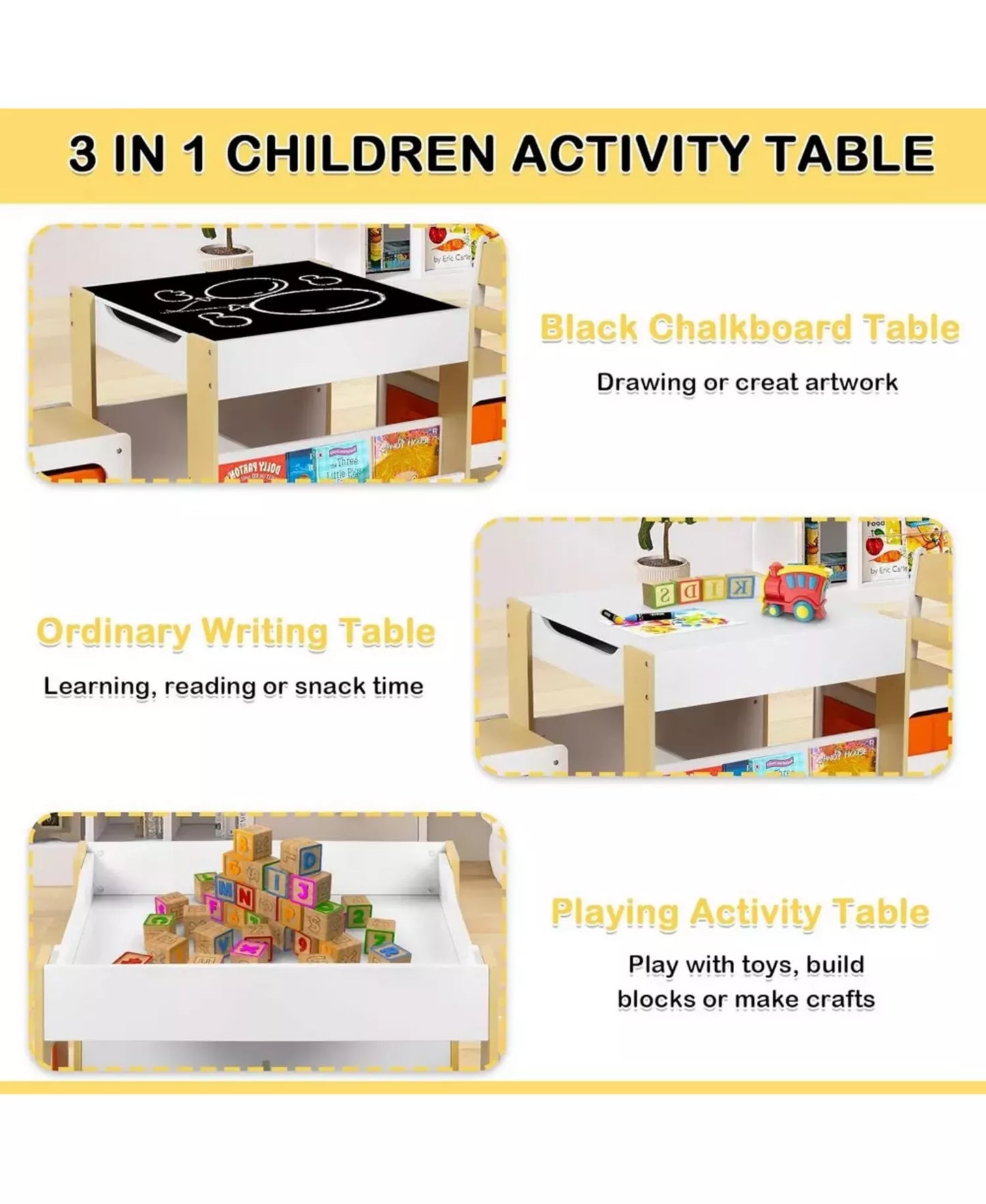 3-in-1 Kids Activity Table and 2 Chairs Set with Storage, Removable Top and Chalkboard