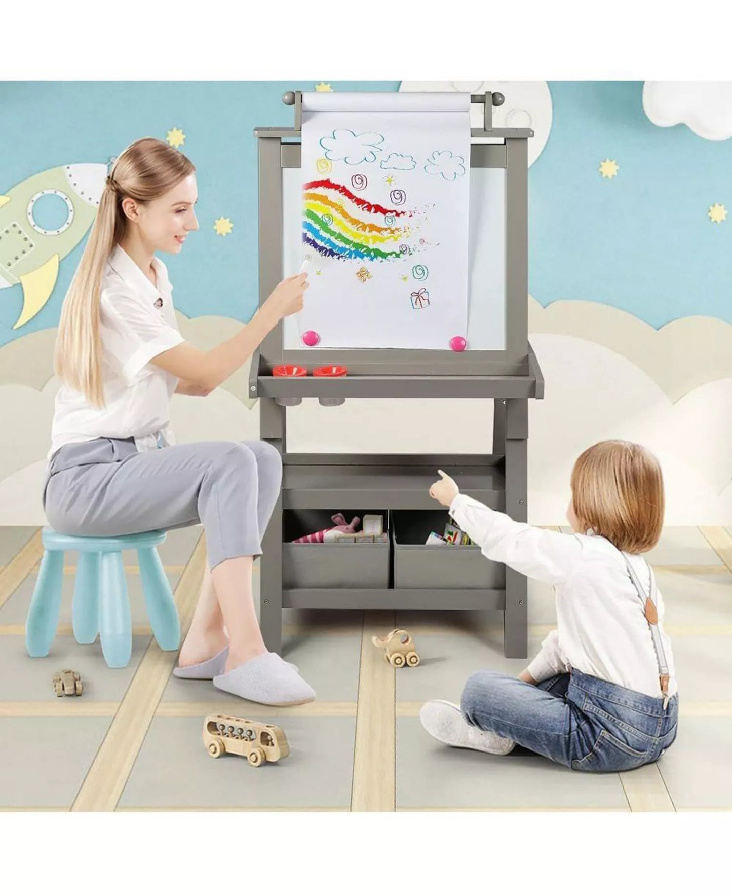 Art Easel for Kids, 3 in 1 Toddler Easel w/Whiteboard, Chalkboard and Paper Roll